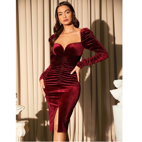 Velvet Burgundy Glamorous Dress Puff Long Sleeve Midi Leg Slit Sweetheart - Picture 5 of 7